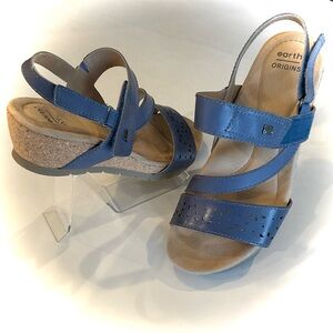 Earth Origins Blue Leather Sandals with Cork Wedge Velcro Closure Straps 8M